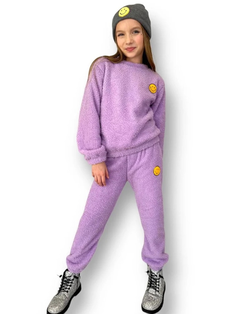 Lola + The Boys Purple Fuzzy Smiley Face Set Size 5 Cozy Lounge Set